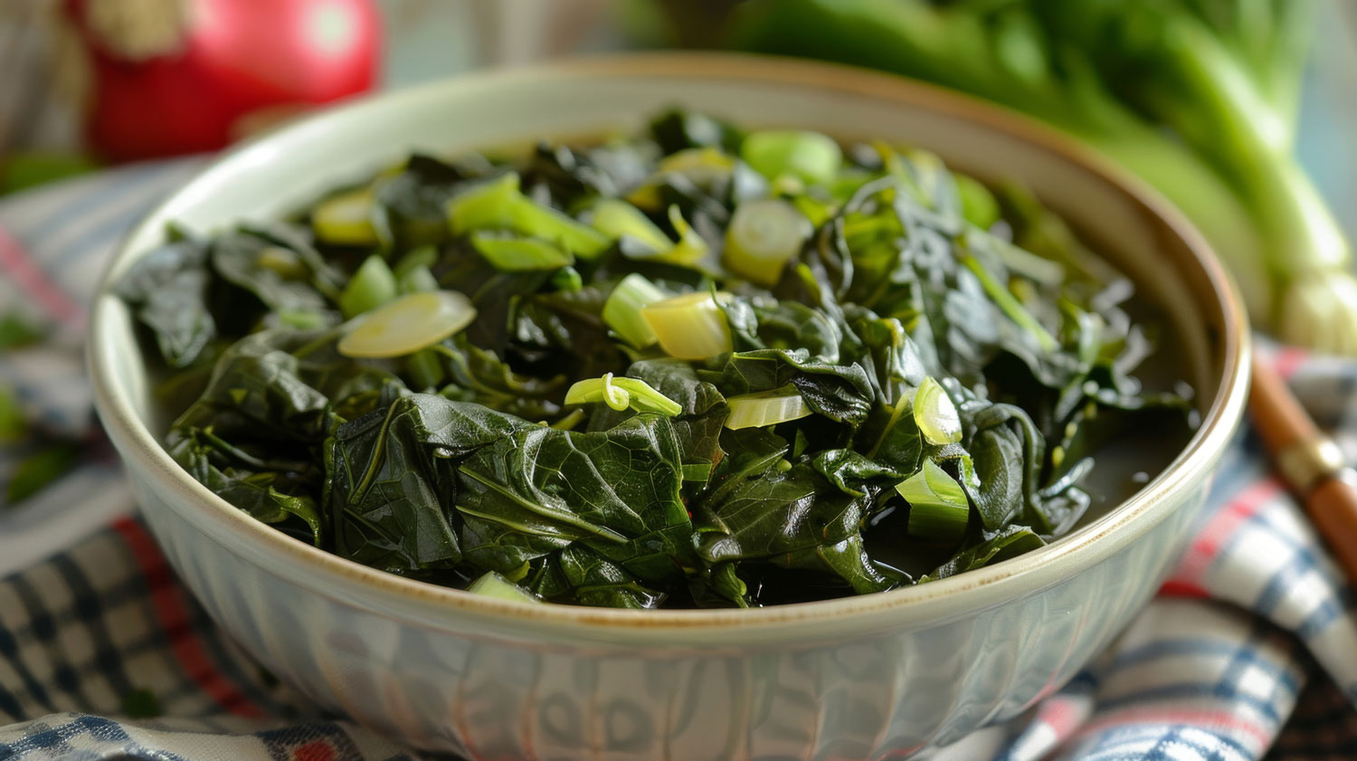 Freshly cooked jamaican callaloo bowl with sliced scallions, a healthy and authentic caribbean meal option